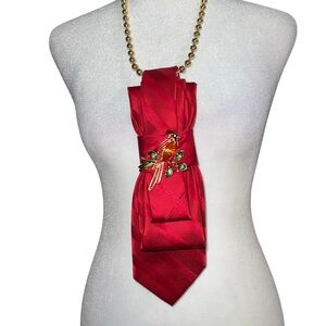 “Dainty Dapper”Elegant Red Tie necklace with beautiful cardinal Brooch